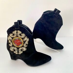 MALOLES Designer NEW embellished suede black slip on heeled boot EU 37.5